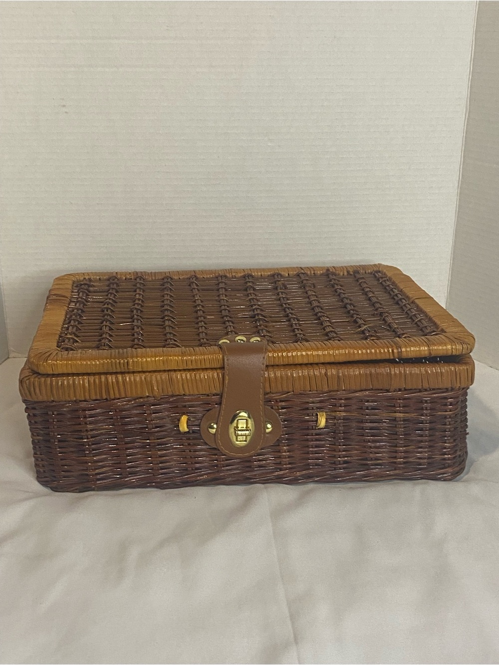 Woven Rattan Storage Basket with Leather Strap - Brown
